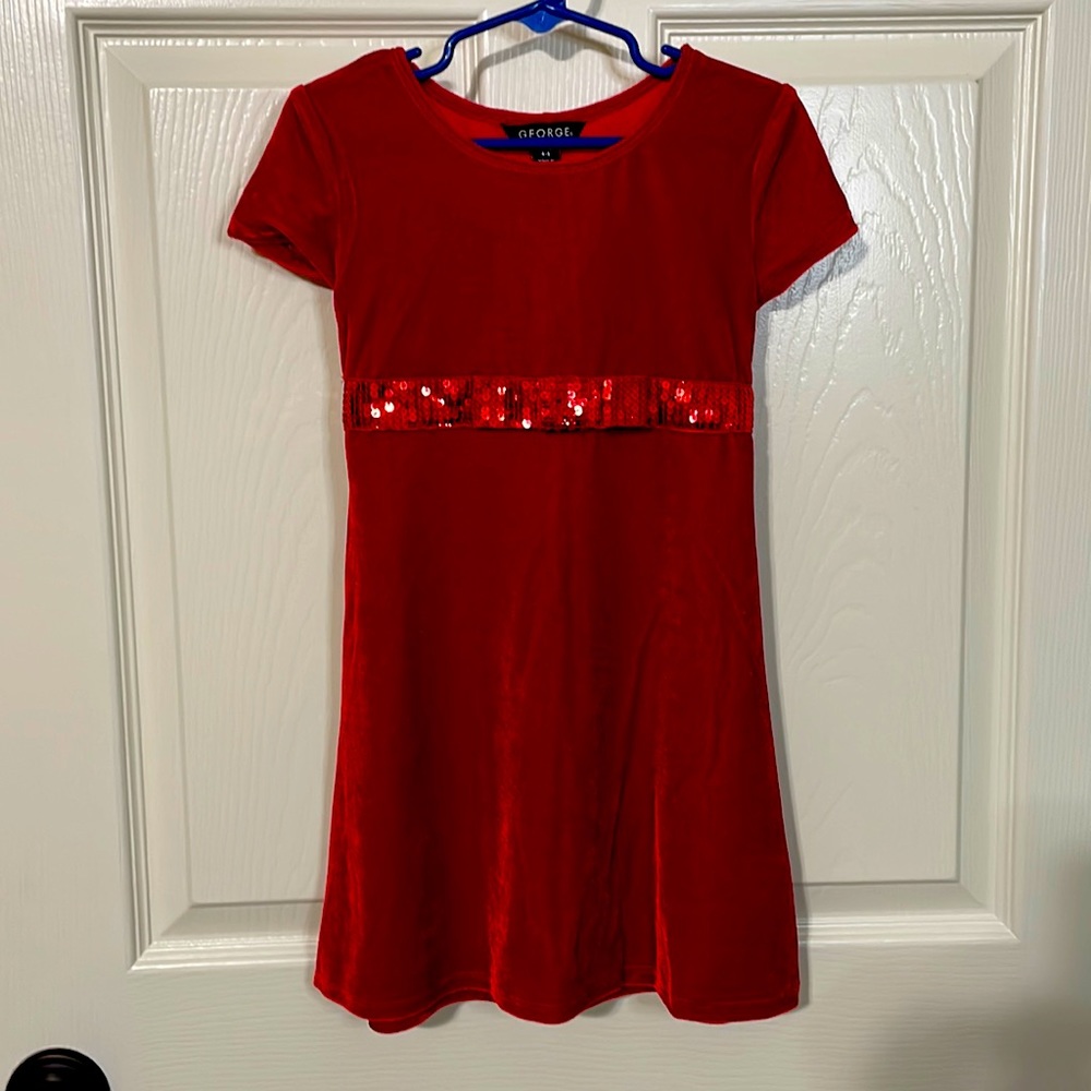 George Girls sz 4-5 Red Velveteen Dress with Sequin Belt